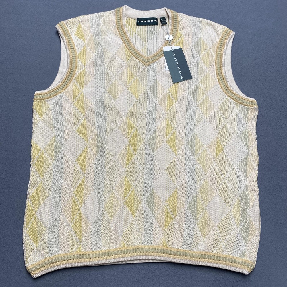 Tundra Sweater Vest Mens‎ XL Beige Green Argyle V-Neck Mercerized Cotton Knit